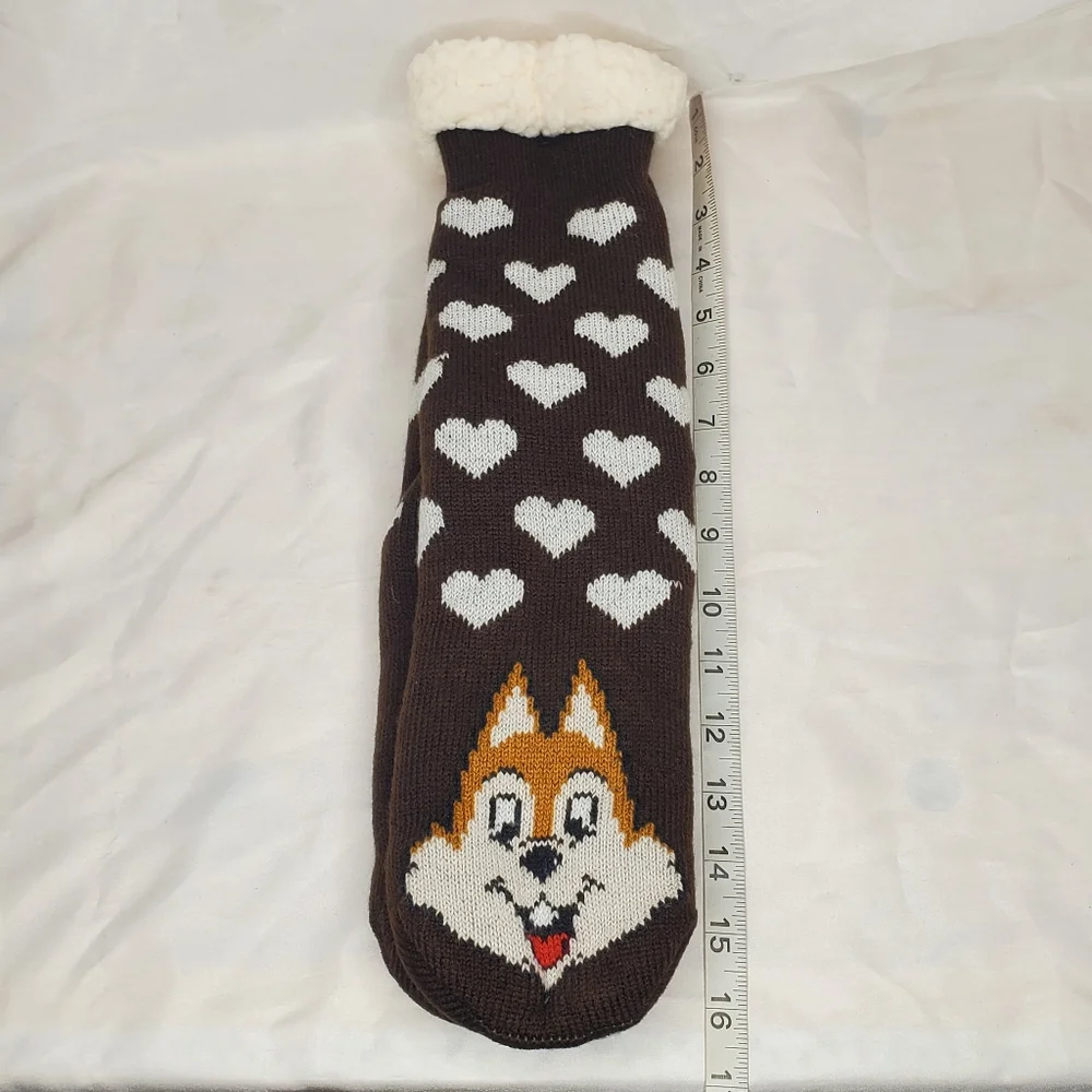 ◇ Sherpa Slipper Socks Brown with White Hearts Non Slip